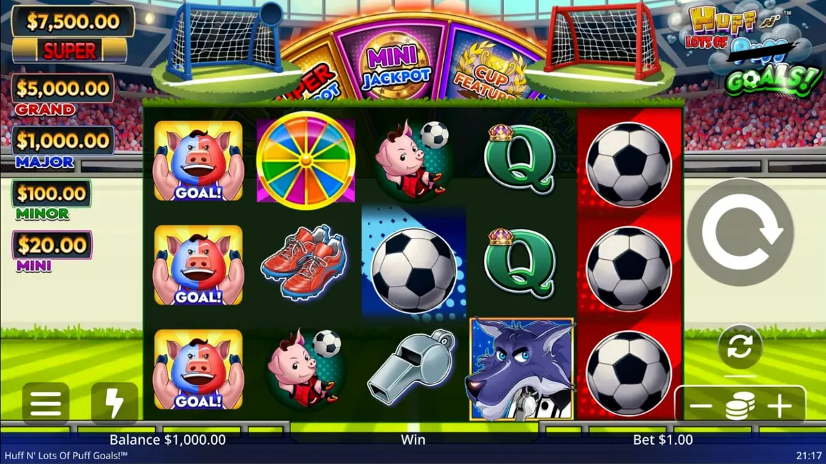 Tampilan visual slot Huff N' Lots of Goals dengan tema sepak bola dan babi kecil.