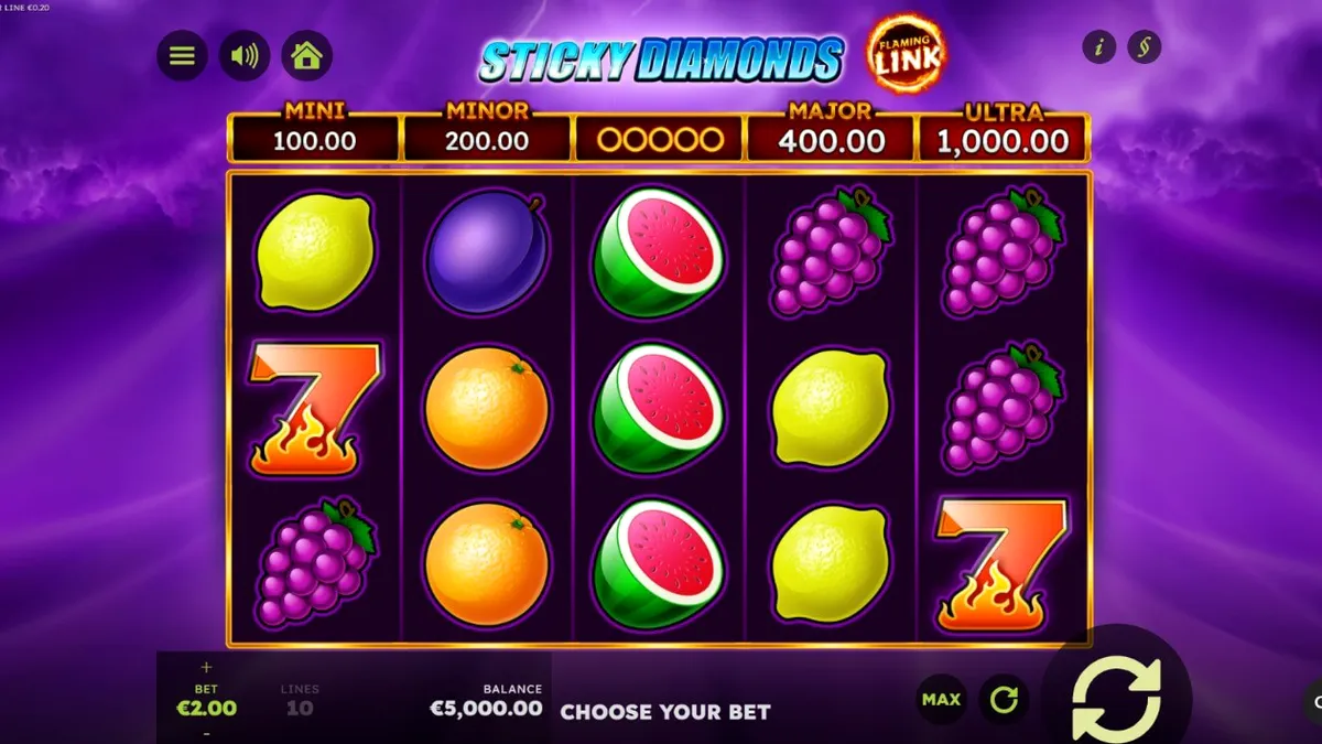 Tampilan layar permainan slot Sticky Diamonds Flaming Link dengan simbol buah dan berlian